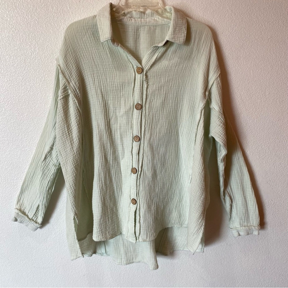 Womens Oversized Light Sage Button-Down Boxy Gauze Shirt